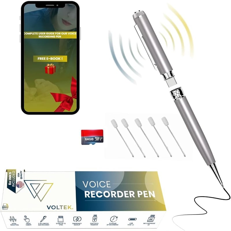 Digital Voice Recorder Pen - 64GB - Mini Audio Recording Device for Meetings - Portable Dictaphone Microphone Sound - Compact Digital Recorder with Free E-Book Included